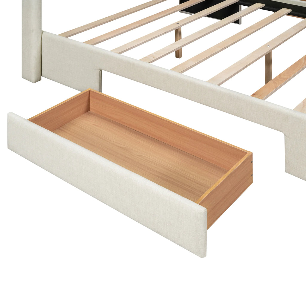 Beige Queen Size Upholstered Platform Bed with 3 Storage Drawers B22169