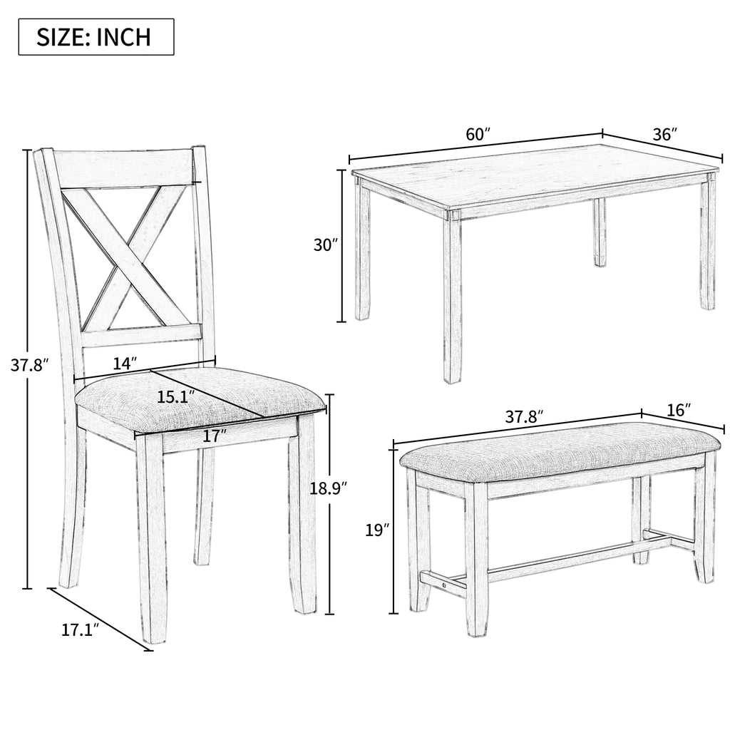 6-Piece Dining Table Set with 4 Upholstered Chairs and Bench E129