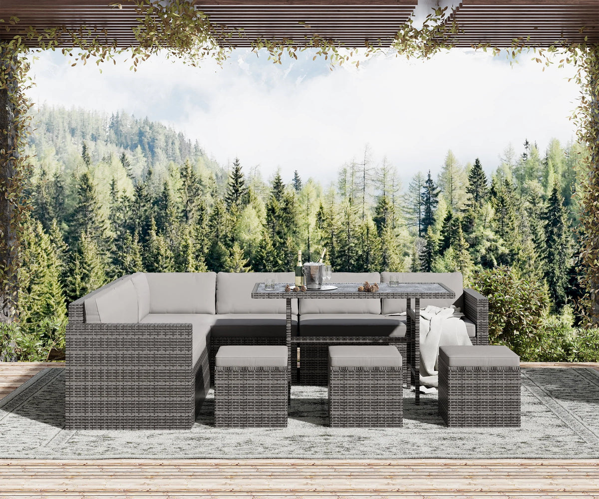 7 Piece PE Rattan Patio Sectional Sofa with Beige Cushions and Table X496095