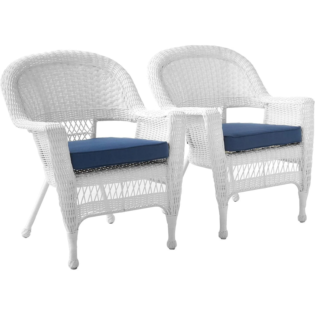 White Wicker Chair with Blue Cushion Set of 2 P713944