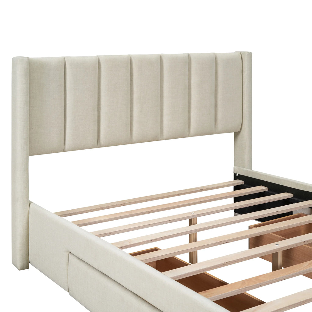 Beige Queen Size Upholstered Platform Bed with 3 Storage Drawers B22169