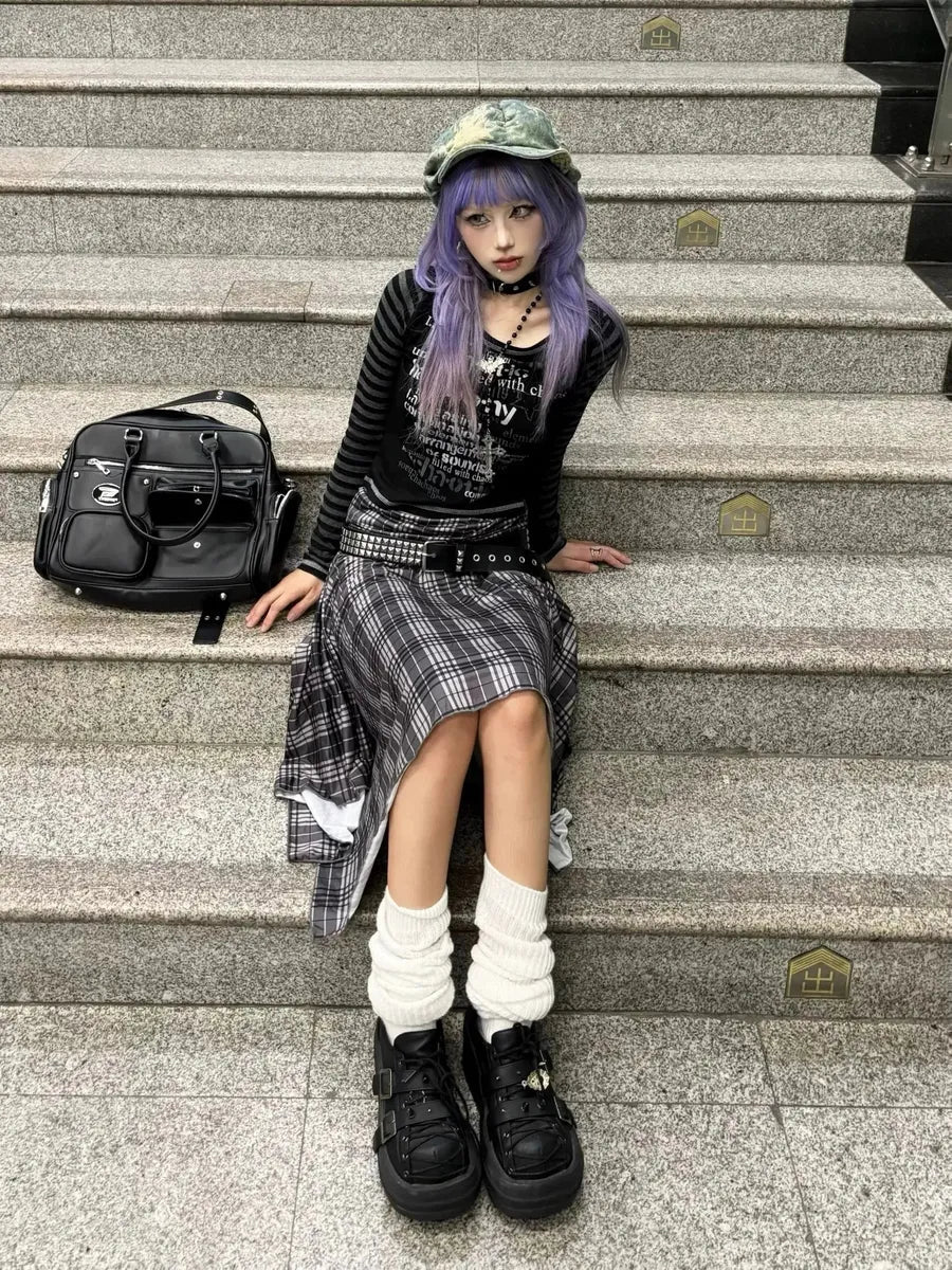 Checked Irregular Hem Midi Skirt O260947