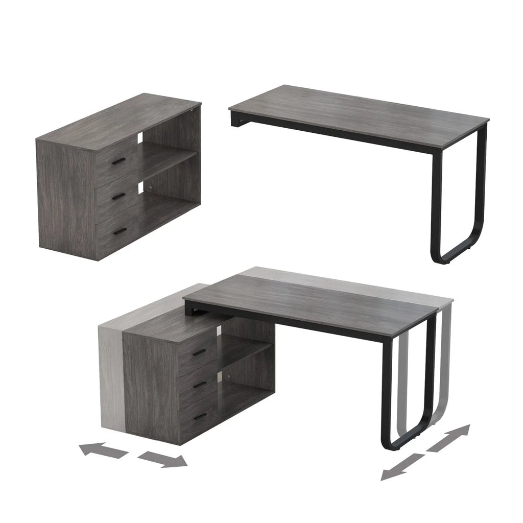 55-inch L Shaped Office Computer Desk with Drawers Grey A143