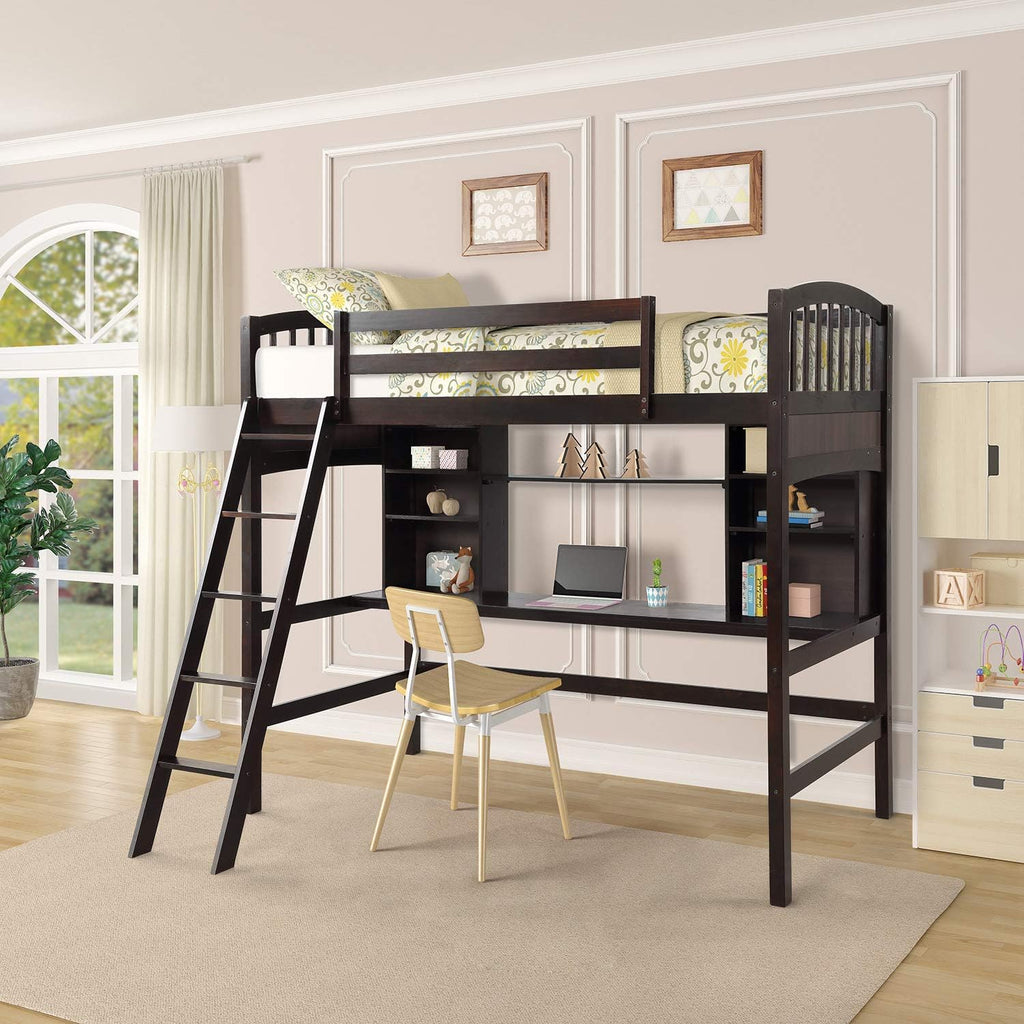 Solid Wood Twin Loft Bed with Desk and Bookshelf F698