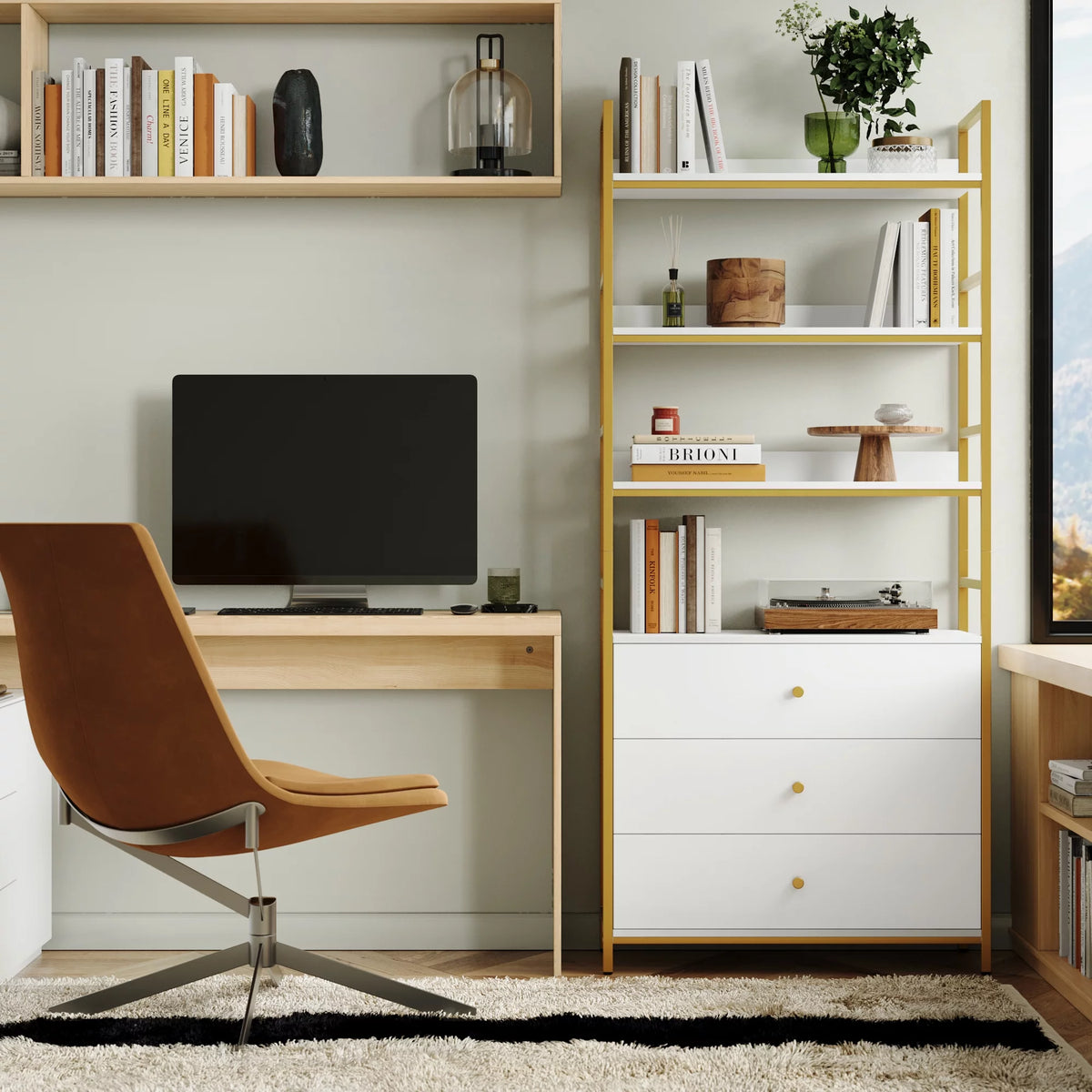 4 Tier Gold Bookcase with 3 Drawers Q28364
