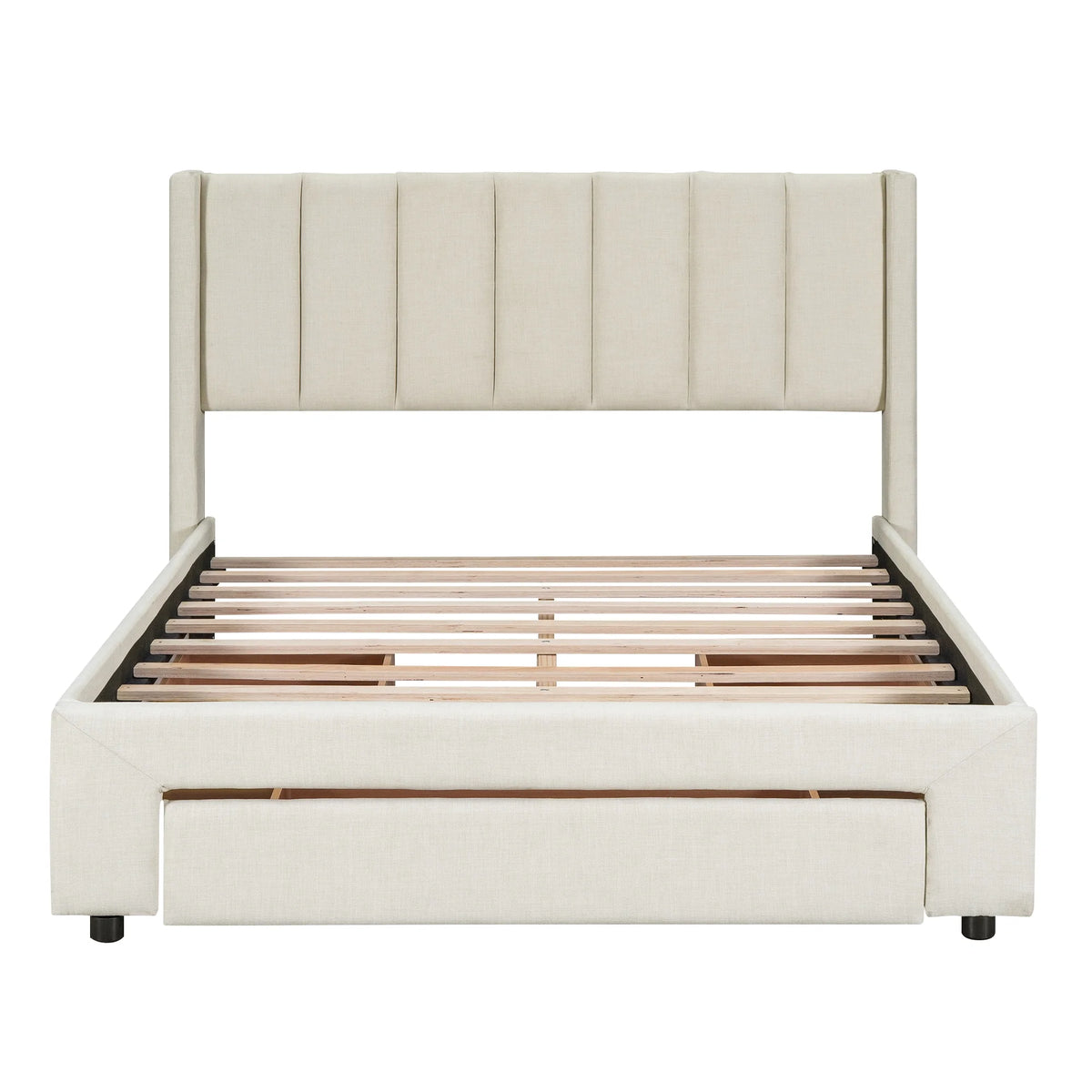 Beige Queen Size Upholstered Platform Bed with 3 Storage Drawers B22169