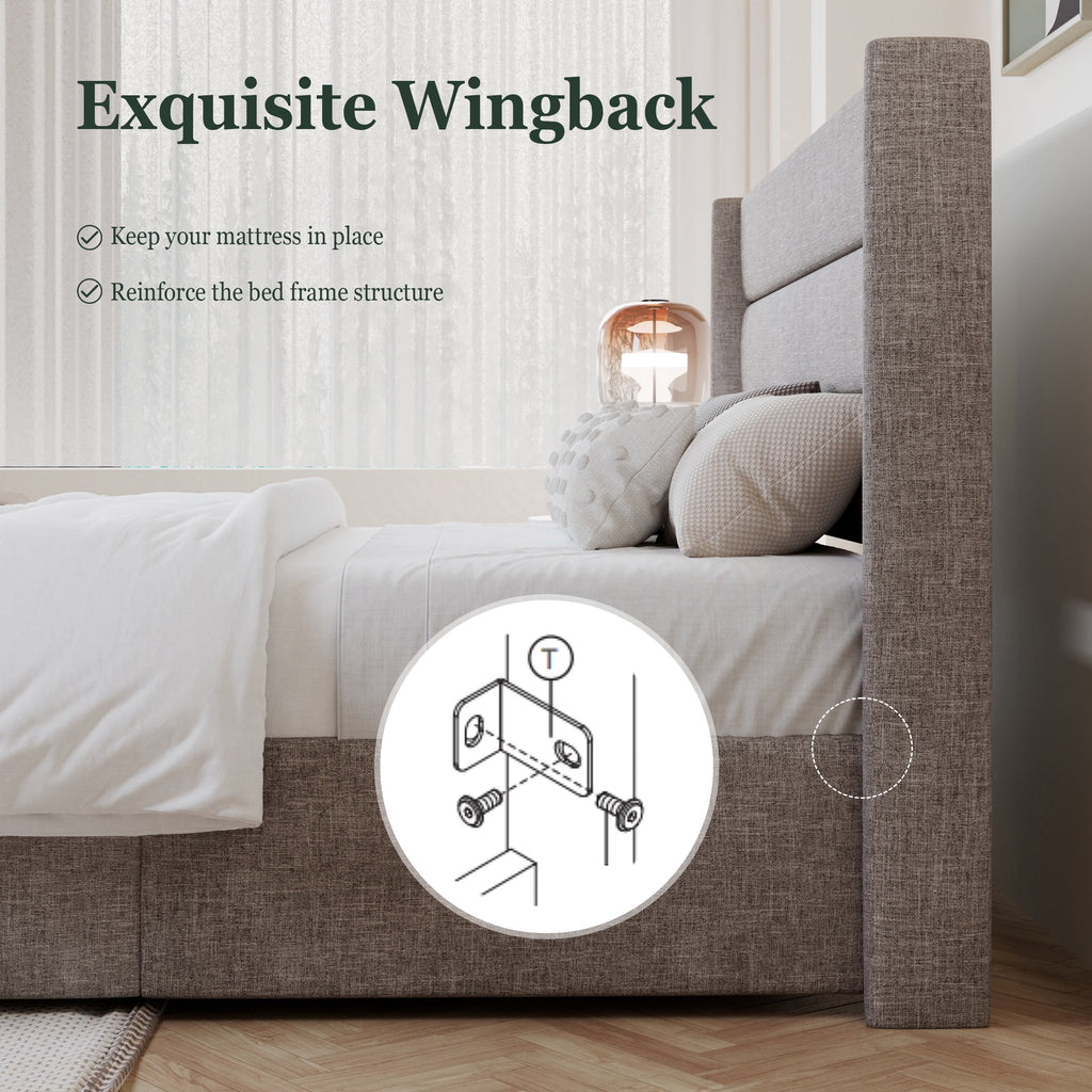 King Size Upholstered Storage Platform Bed Frame with Wingback Headboard T3733