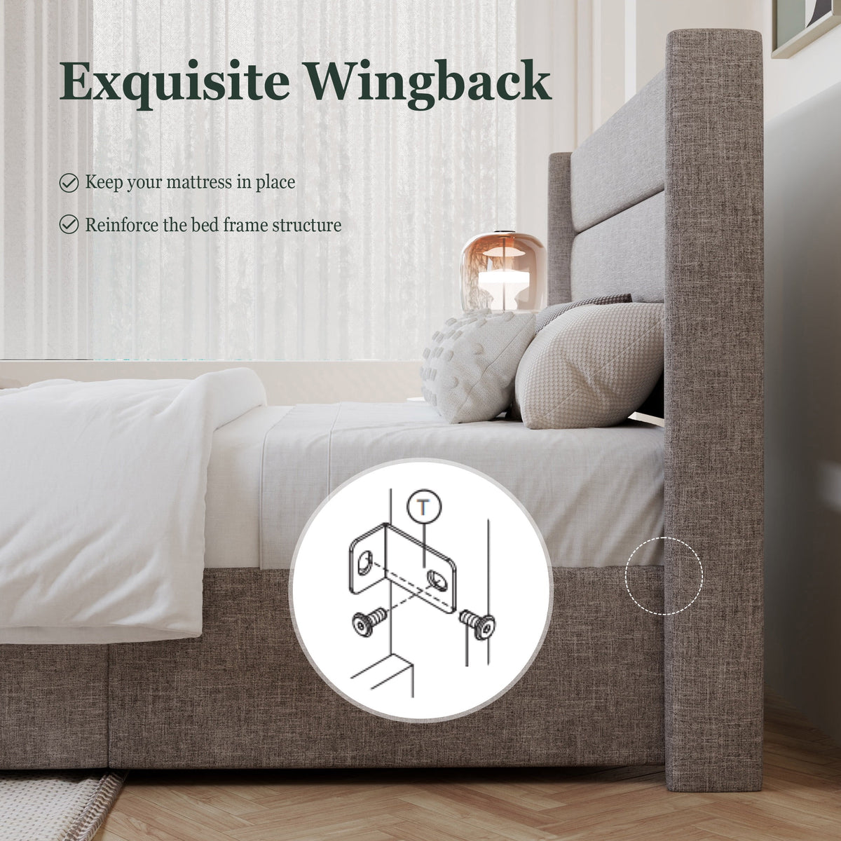 King Size Upholstered Storage Platform Bed Frame with Wingback Headboard T3733