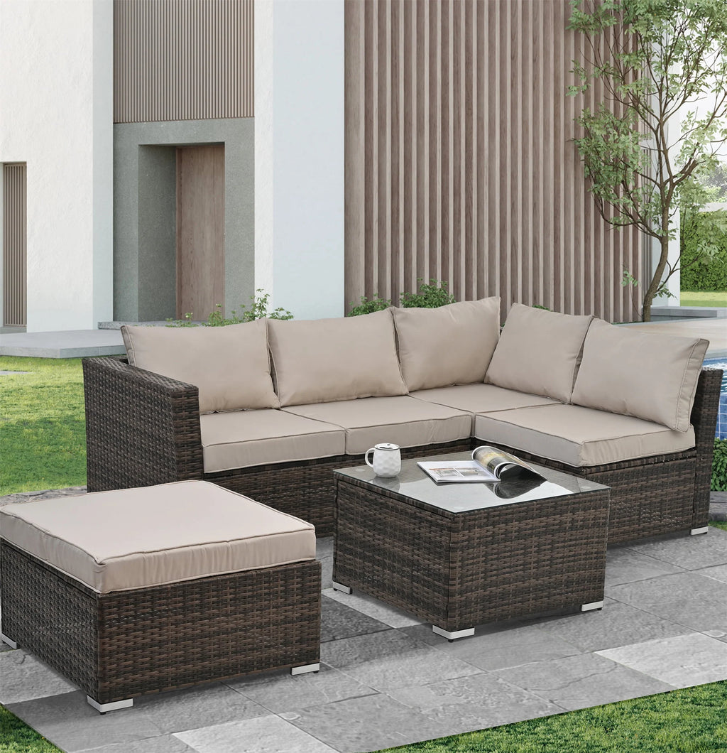 4 Piece All Weather Wicker Patio Sofa Set with Cushion and Glass Table Q924