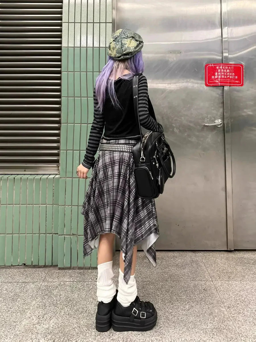 Checked Irregular Hem Midi Skirt O260947