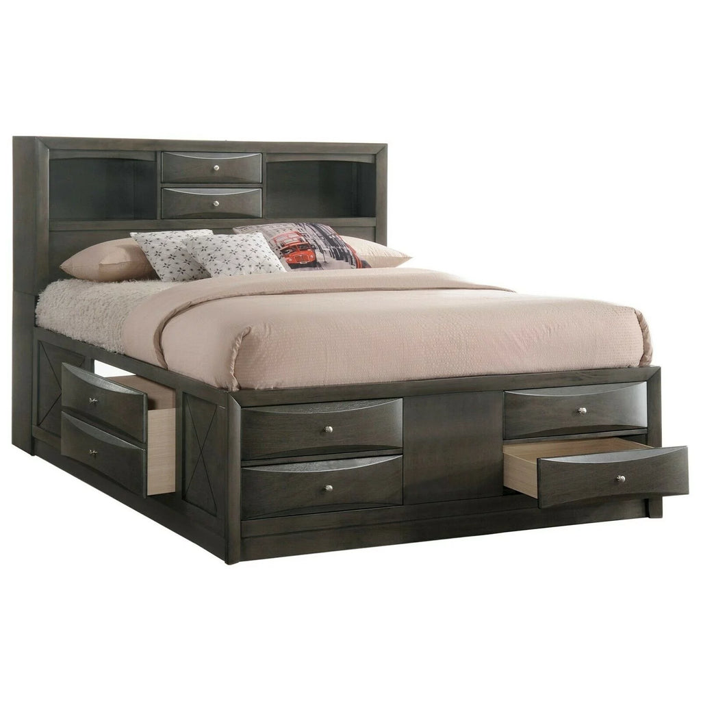 Gray 3pc Queen Size Captains Bed Set with Storage Drawers Solid Wood Z57941