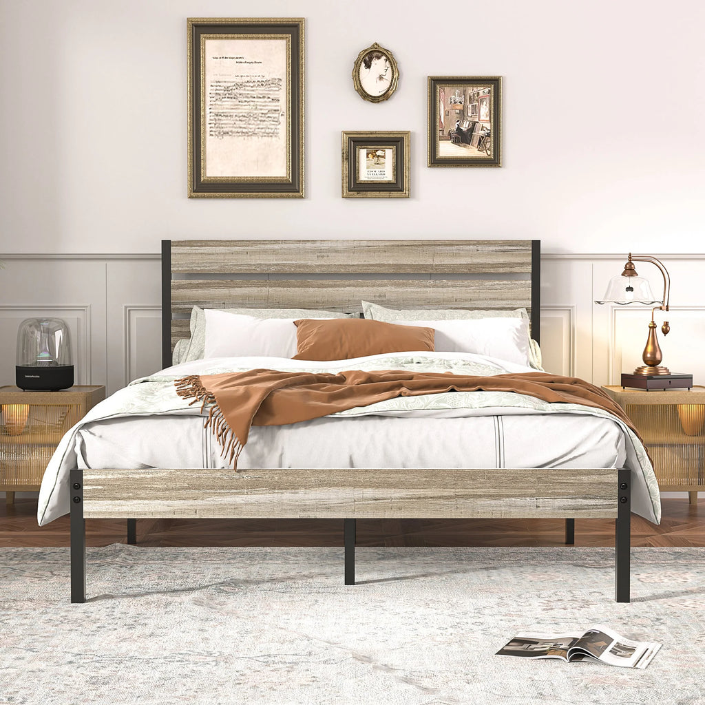 Queen Bed Frame with Wooden Headboard and Metal Slats M2300