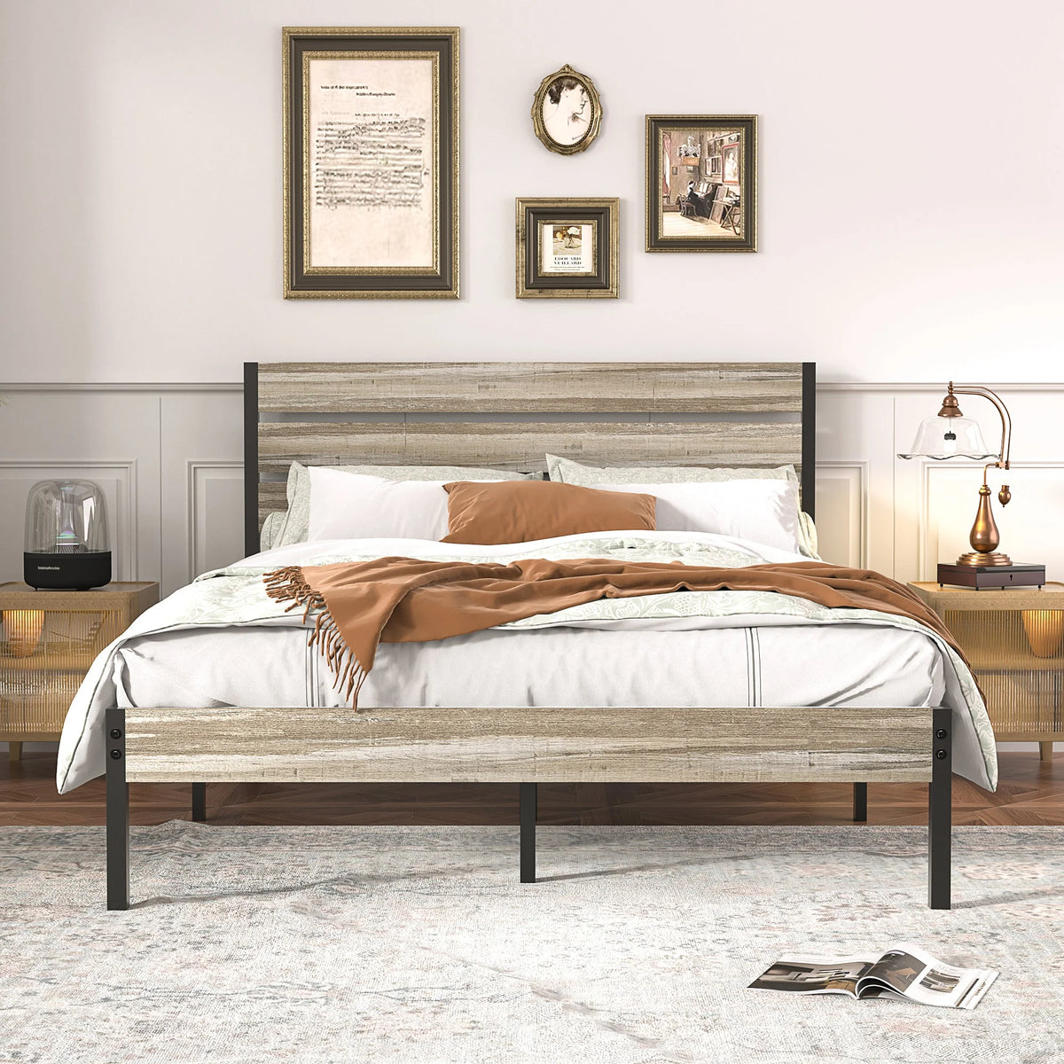 Queen Bed Frame with Wooden Headboard and Metal Slats M2300