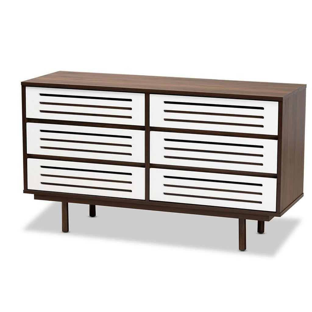 6 Drawer Wooden Double Dresser in Walnut and White N25652