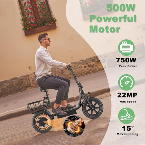Electric Scooter with Seat, 500W Motor, 14'' Pneumatic Tires, Foldable O751421