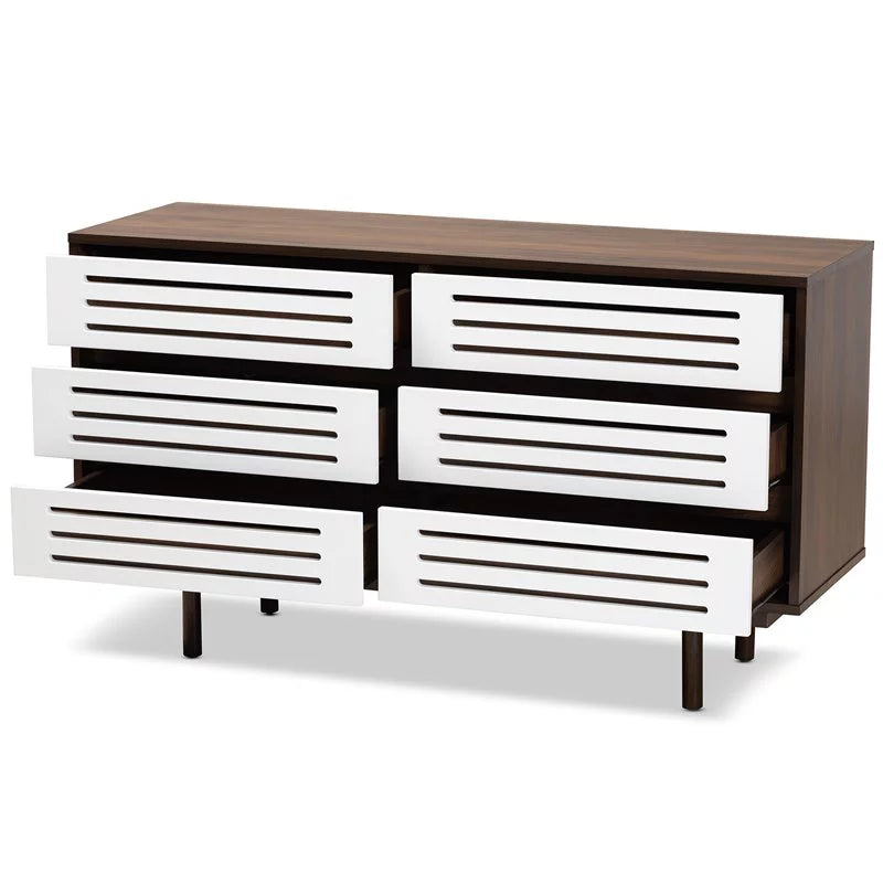 6 Drawer Wooden Double Dresser in Walnut and White N25652