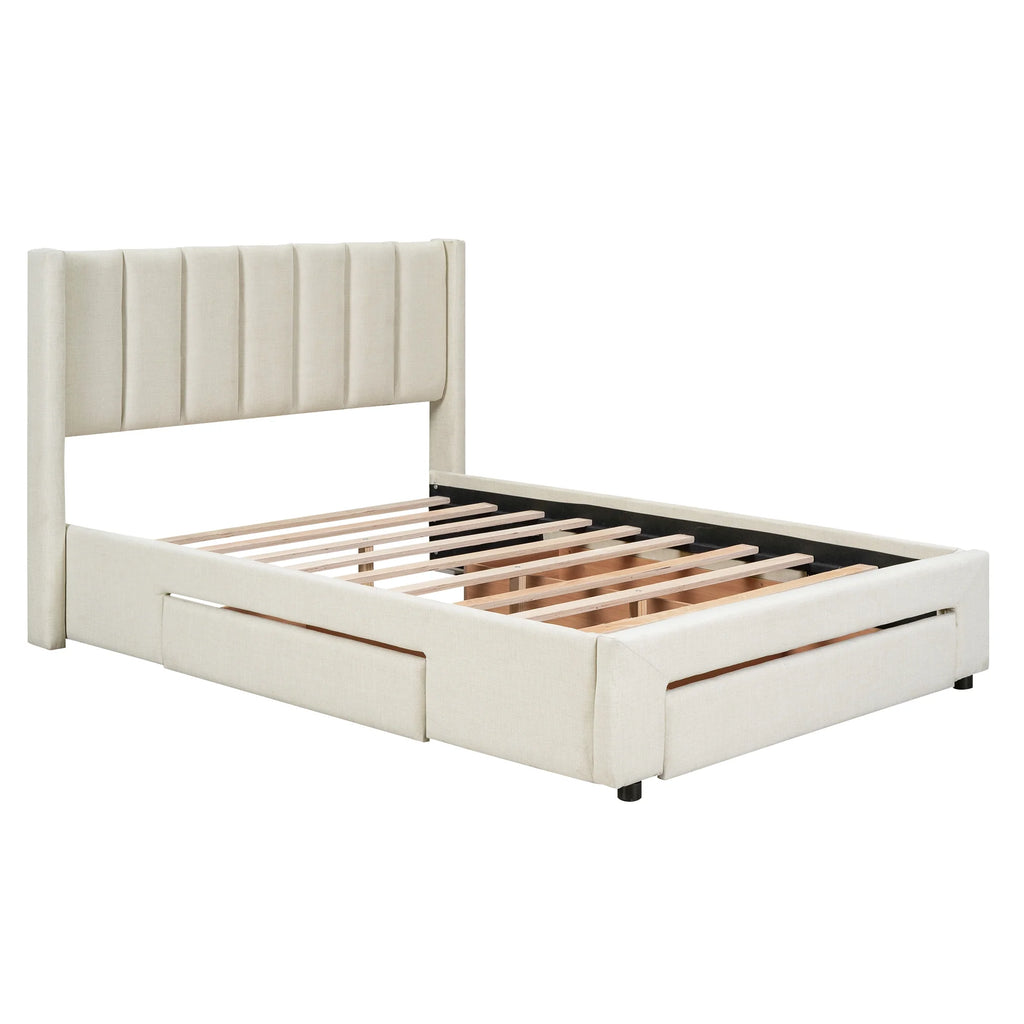 Beige Queen Size Upholstered Platform Bed with 3 Storage Drawers B22169