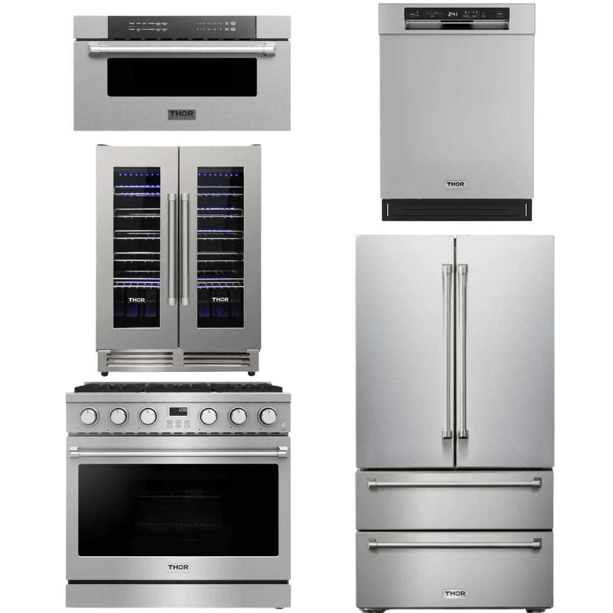 36 Gas Range, Refrigerator, Dishwasher, Microwave and Wine Cooler B913
