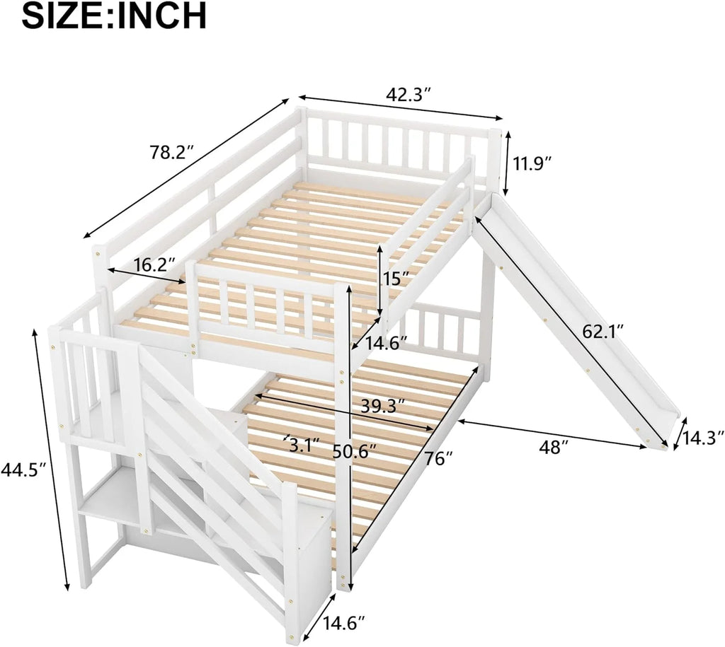 White Bunk Bed with Stairs and Slide W27585
