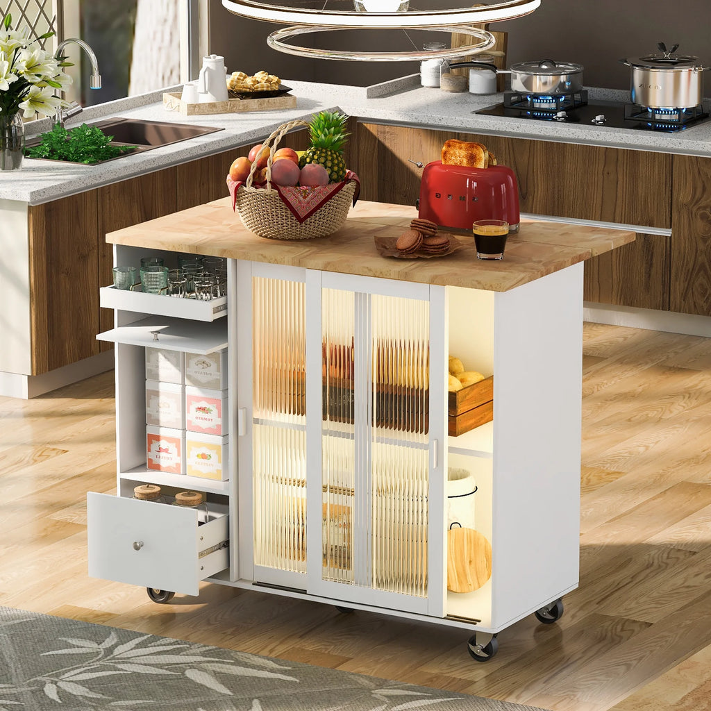 White Kitchen Island with Drop Leaf and 2 Drawers Z254748
