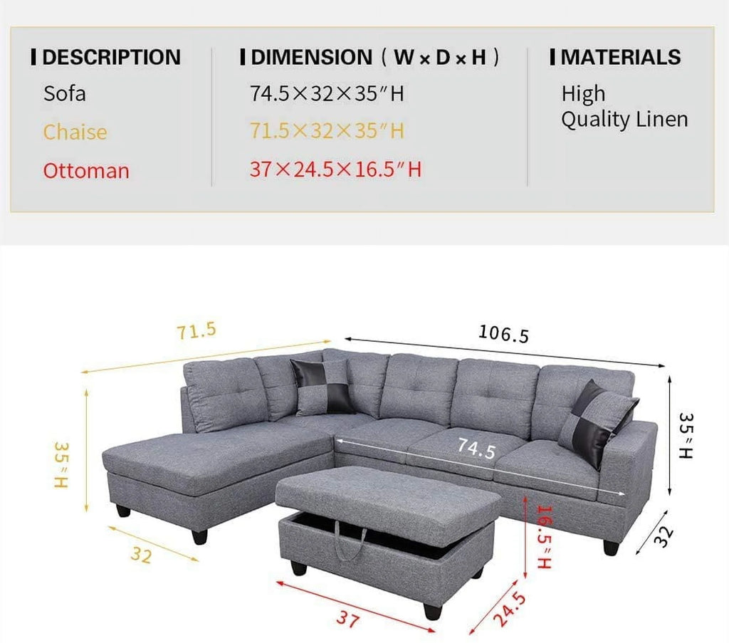 103" Wide Grey Linen Left Hand Facing Sofa & Chaise with Ottoman U82921