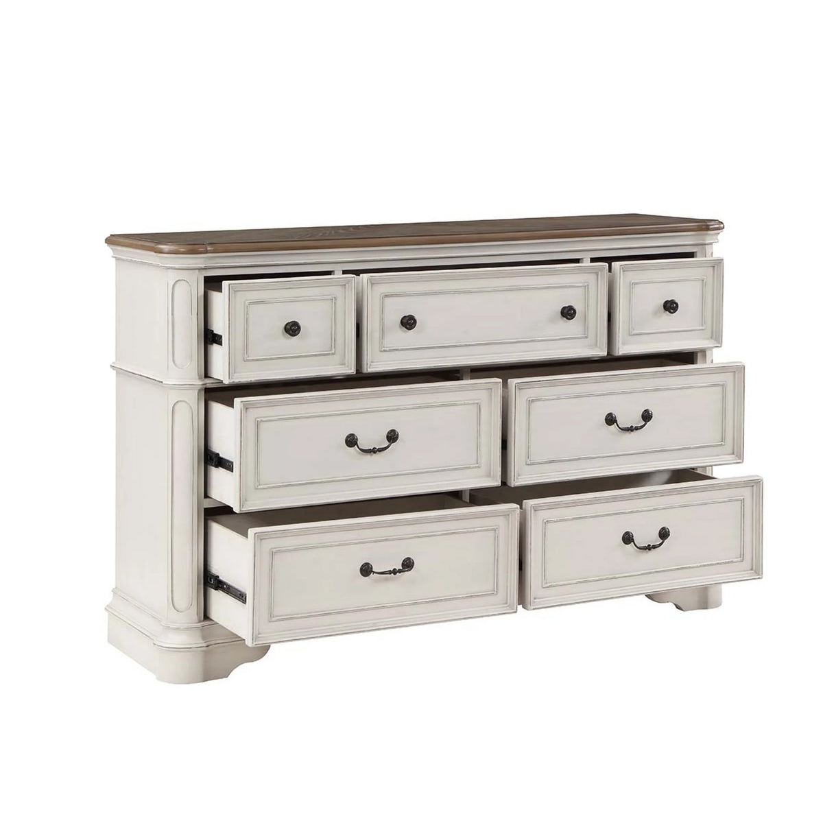 Antique White & Brown Wood Dresser with 7 Drawers M44106