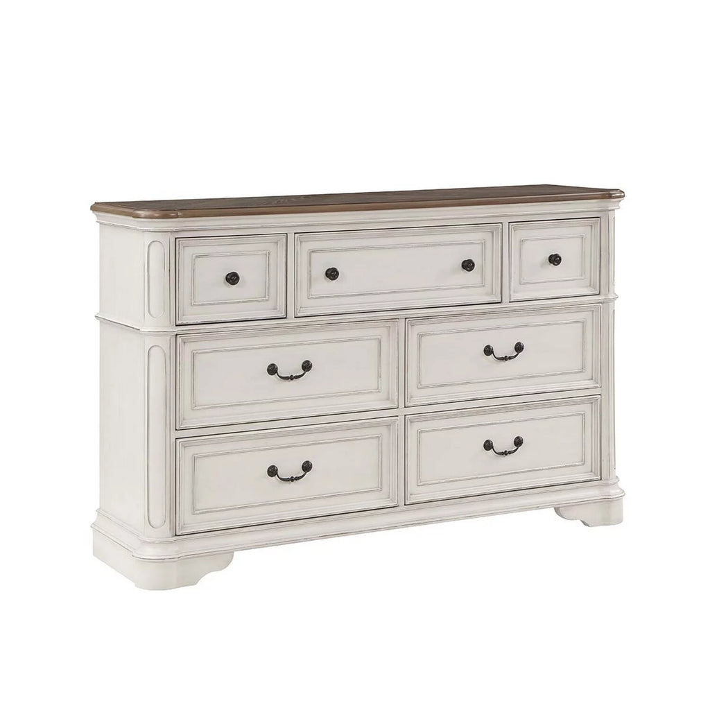 Antique White & Brown Wood Dresser with 7 Drawers M44106