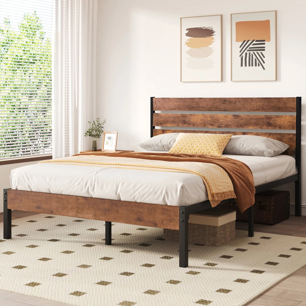 Queen Bed Frame with Wooden Headboard and Metal Slats M2300