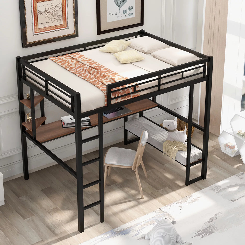 Black Full Metal Loft Bed with Desk and Storage Shelves K56481