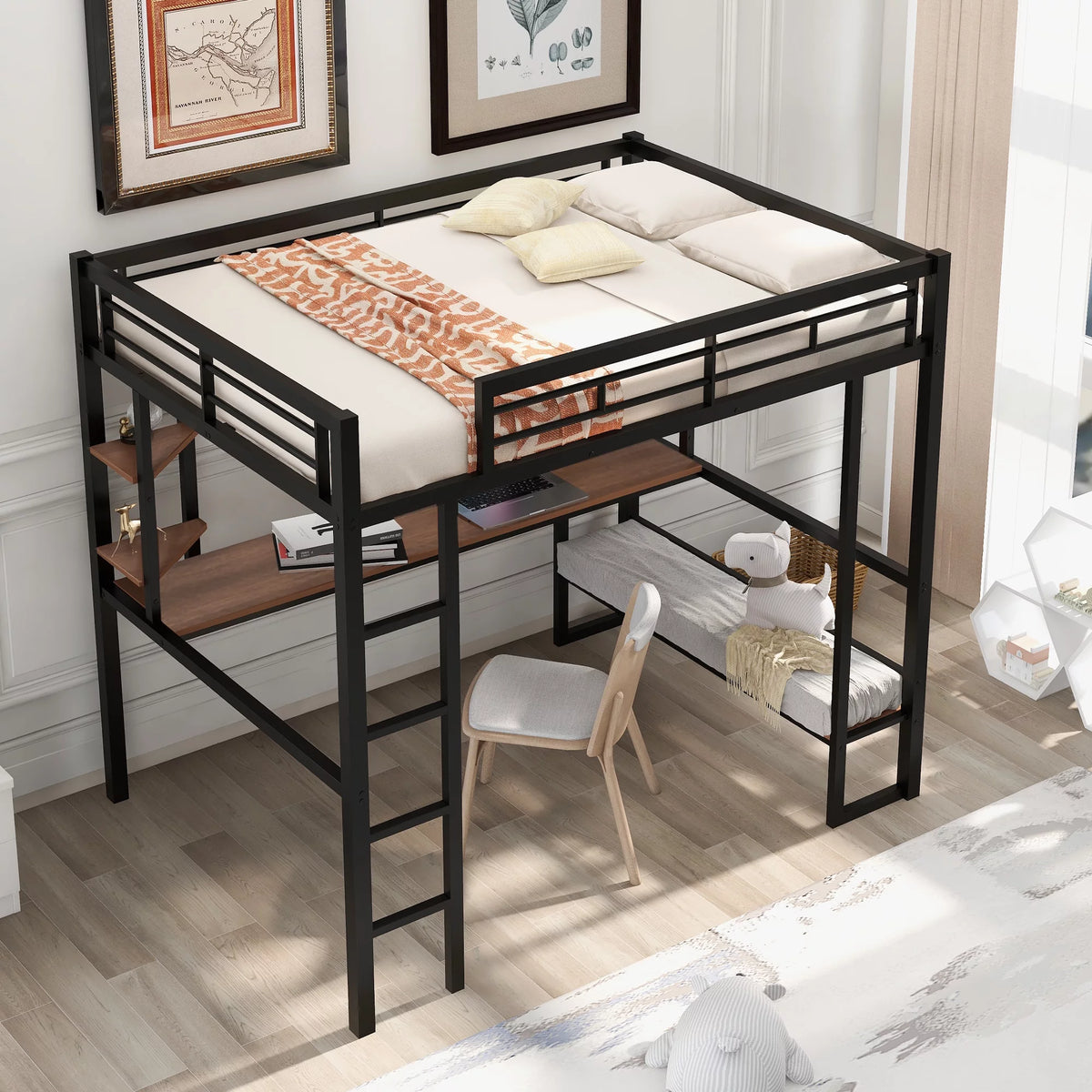 Black Full Metal Loft Bed with Desk and Storage Shelves K56481