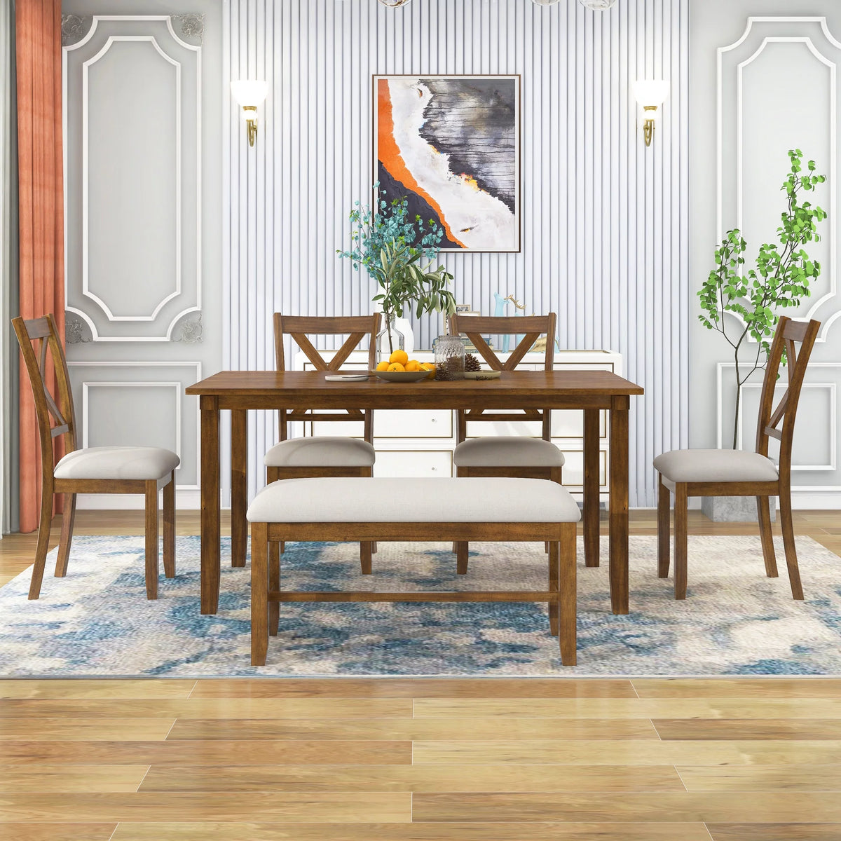 6-Piece Dining Table Set with 4 Upholstered Chairs and Bench E129