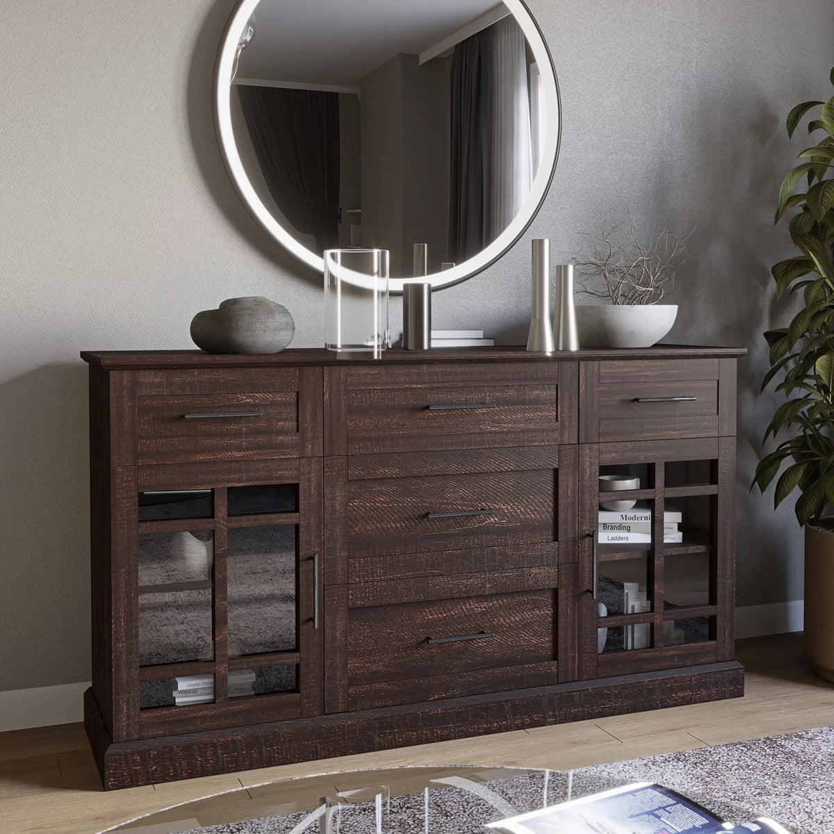 Espresso Sideboard Buffet Console Table with Drawers and Adjustable Shelves T3239