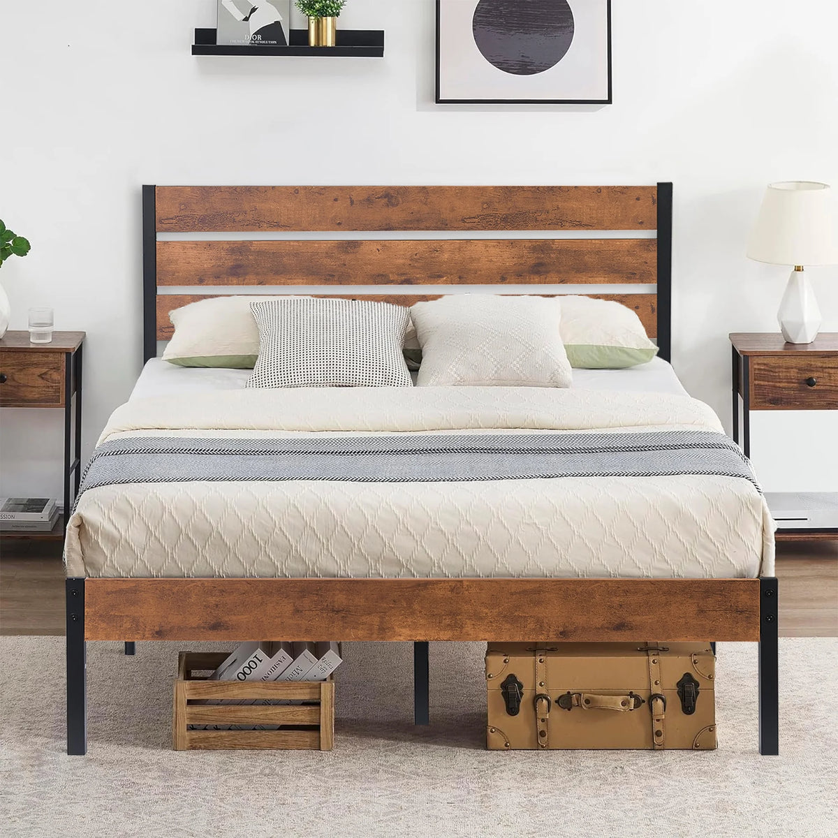 Queen Bed Frame with Wooden Headboard and Metal Slats M2300