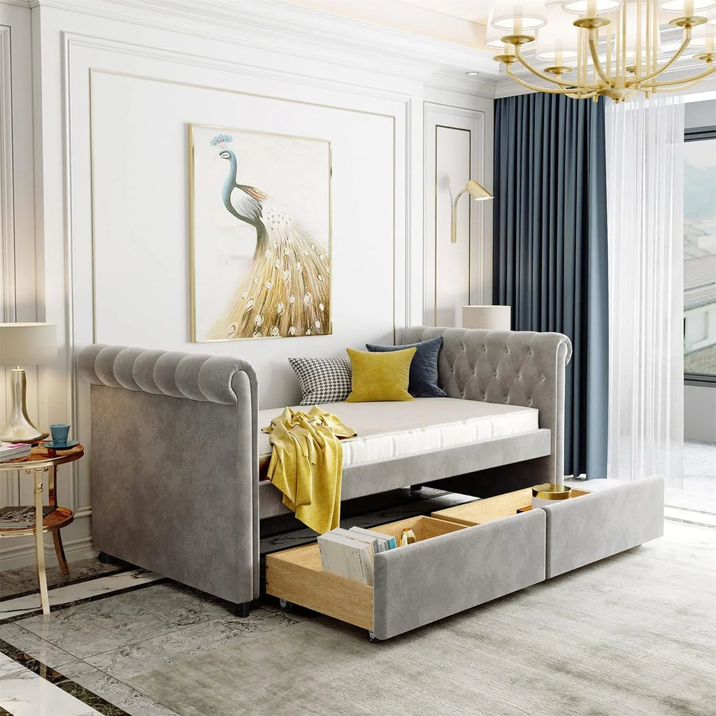 Gray Upholstered Daybed with Drawers N8854