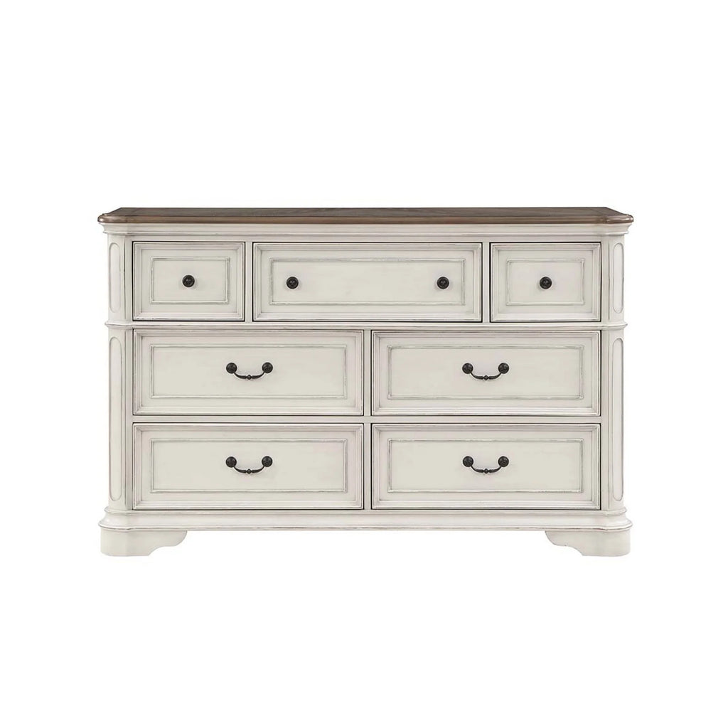 Antique White & Brown Wood Dresser with 7 Drawers M44106