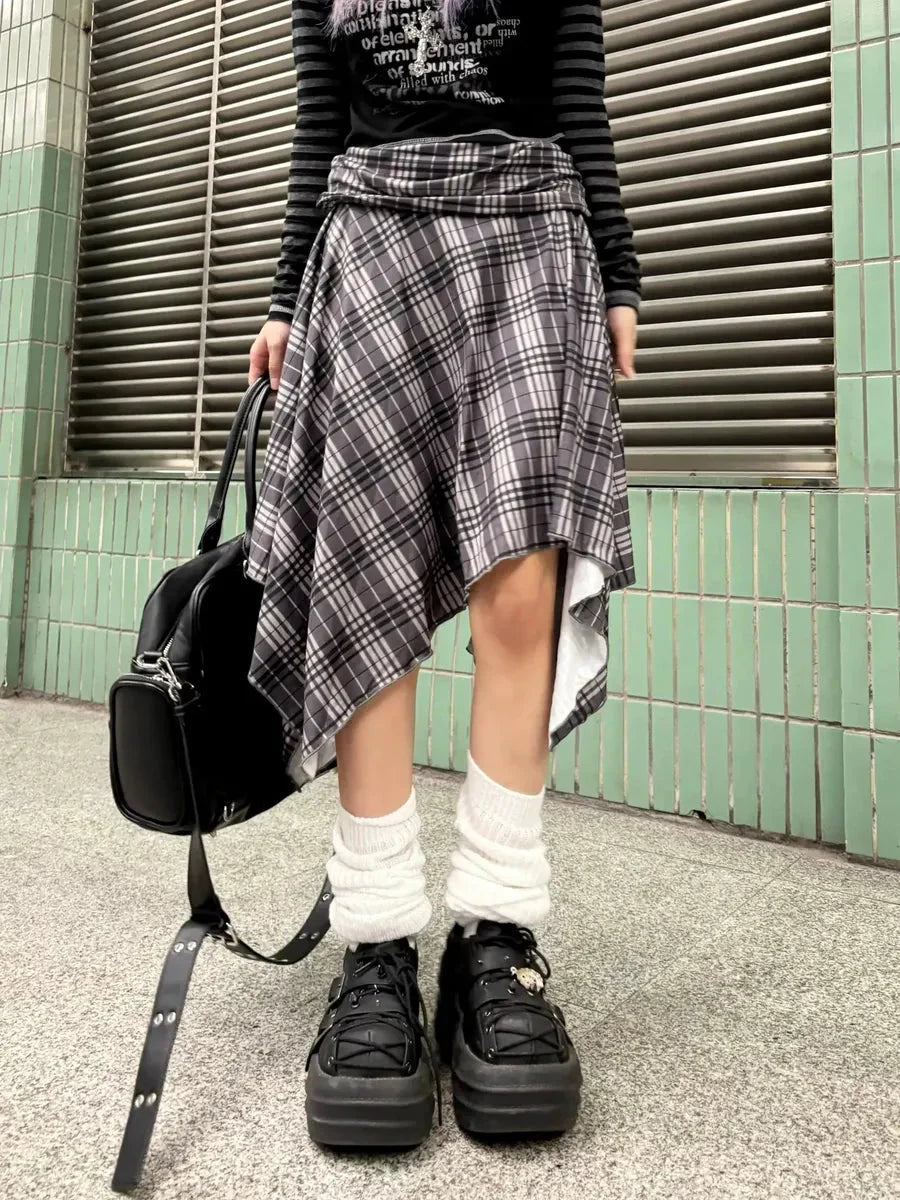 Checked Irregular Hem Midi Skirt O260947