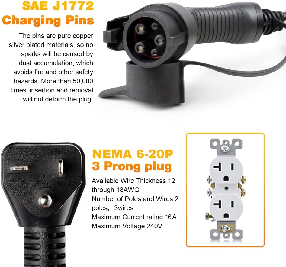Level 1 10/16A Current Switchable Electric Car Charger with NEMA 5-15P Adapter F431274