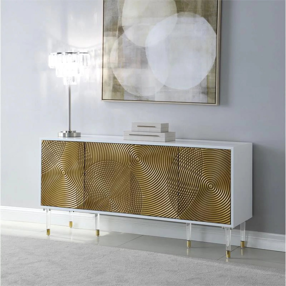 White Lacquer Gold Solid Wood Sideboard Buffet B423175