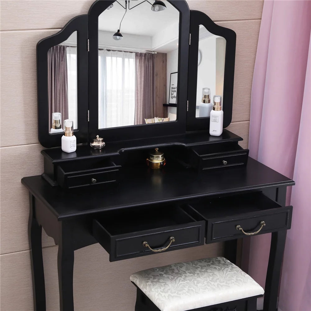 Black Trifold Mirror Vanity Table Set with Cushioned Stool 4 Drawer F359203