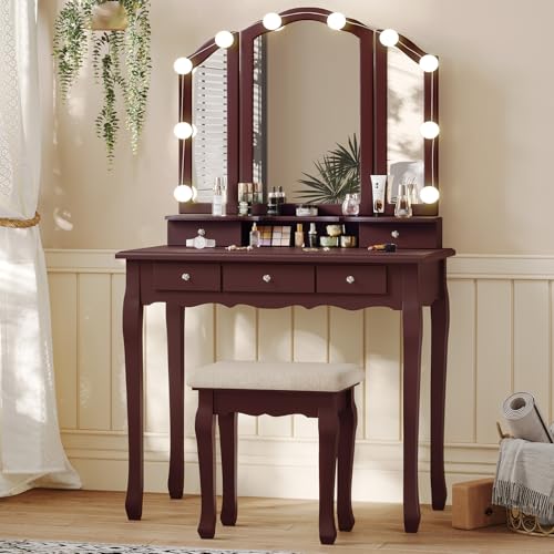 White Vanity Table Set with Lighted Mirror and Stool S30759