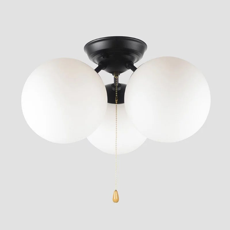 Modern Pull Chain Ceiling Light Fixture with White Glass Shades, Black Metal 3-Light B5294