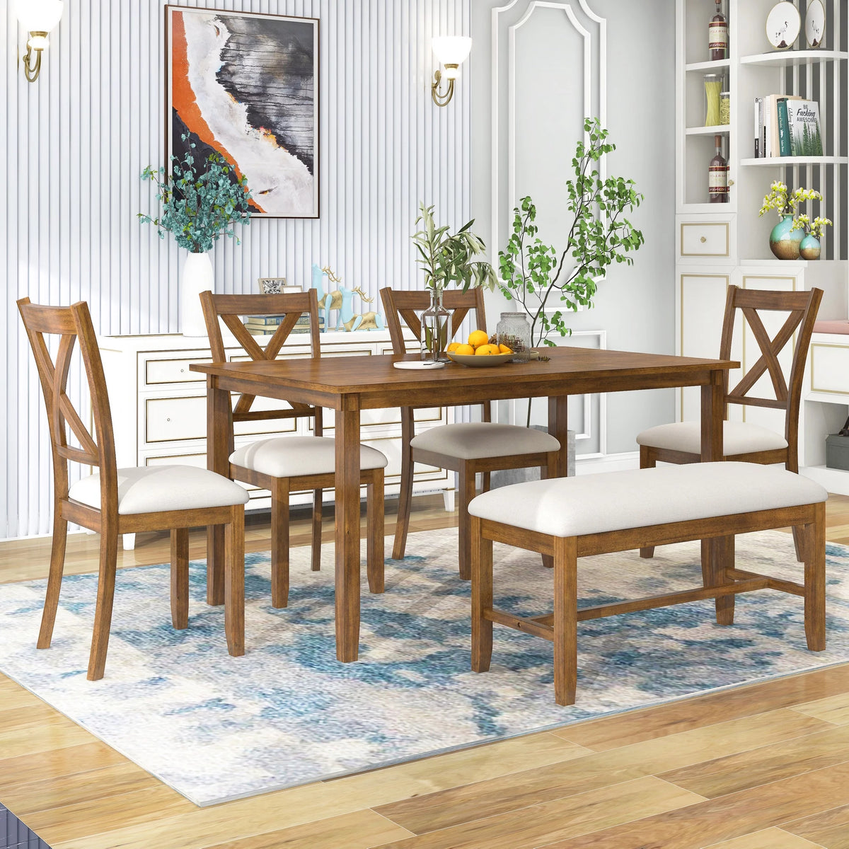 6-Piece Dining Table Set with 4 Upholstered Chairs and Bench E129