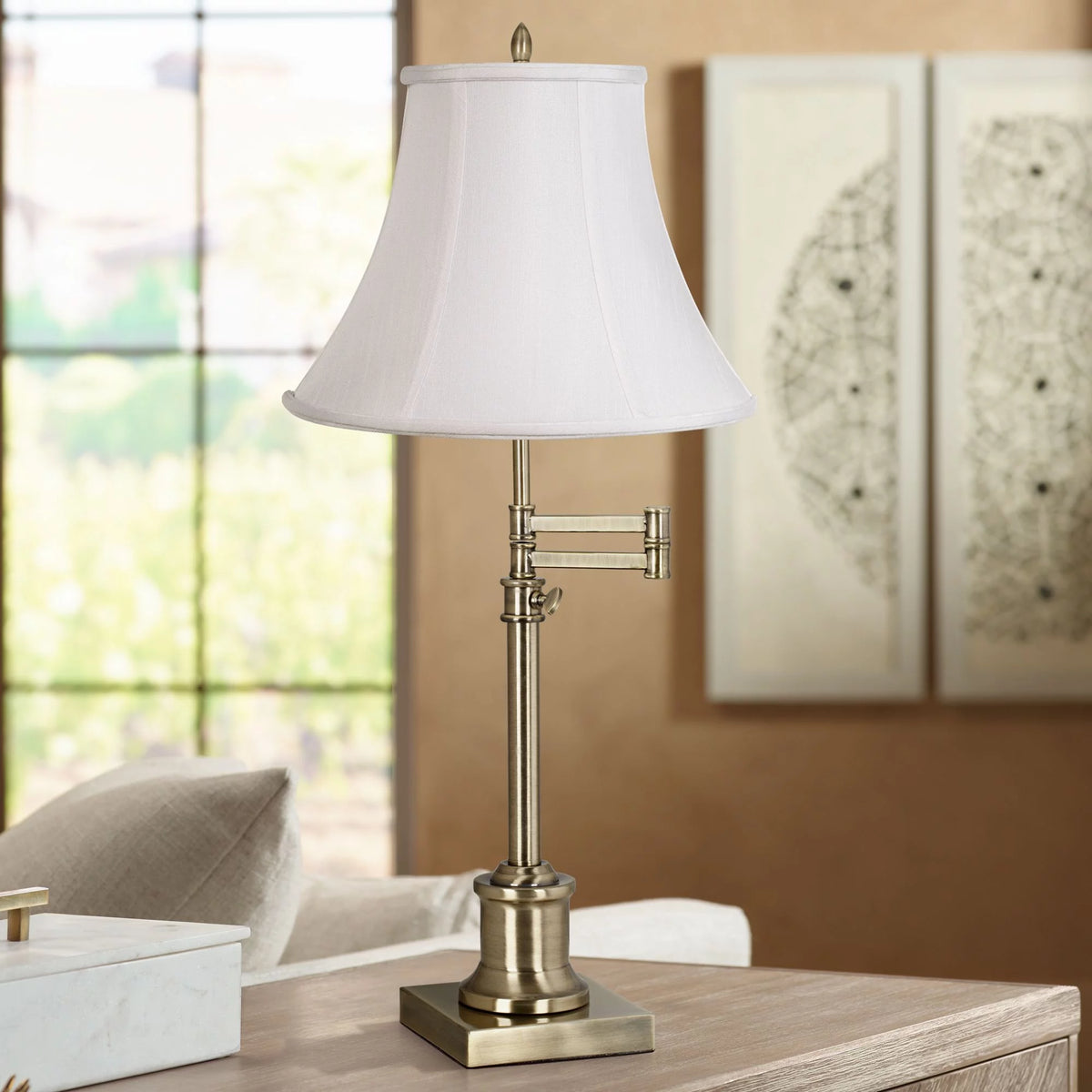 Antique Brass Table Lamp with Fabric Bell Shade D197268