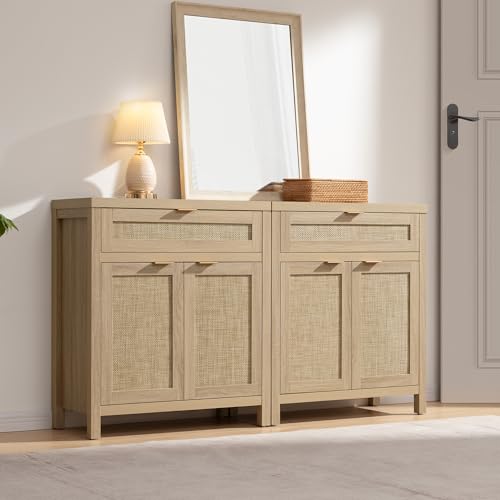 Rattan Storage Cabinet Set of 2 with Doors and Drawer V548