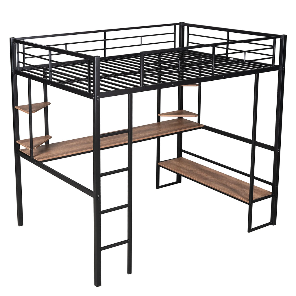 Black Full Metal Loft Bed with Desk and Storage Shelves K56481