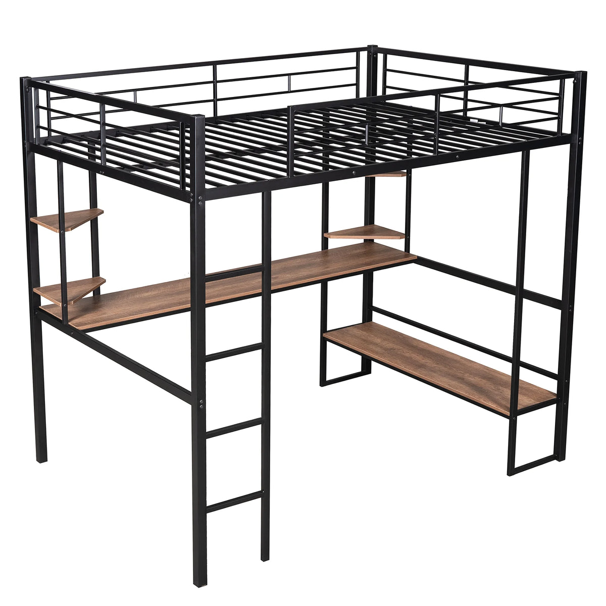 Black Full Metal Loft Bed with Desk and Storage Shelves K56481