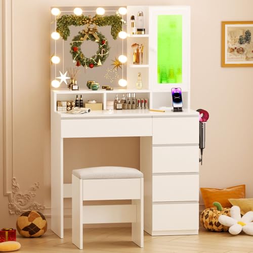 White Vanity Desk with Mirror and Lights, Stool, 5 Drawers and Open Shelves K828