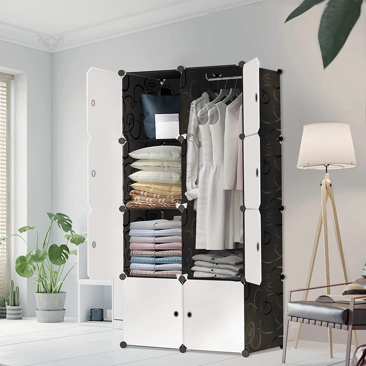 Portable Closet Wardrobe 4 Tiers 8 Doors Black Z27686