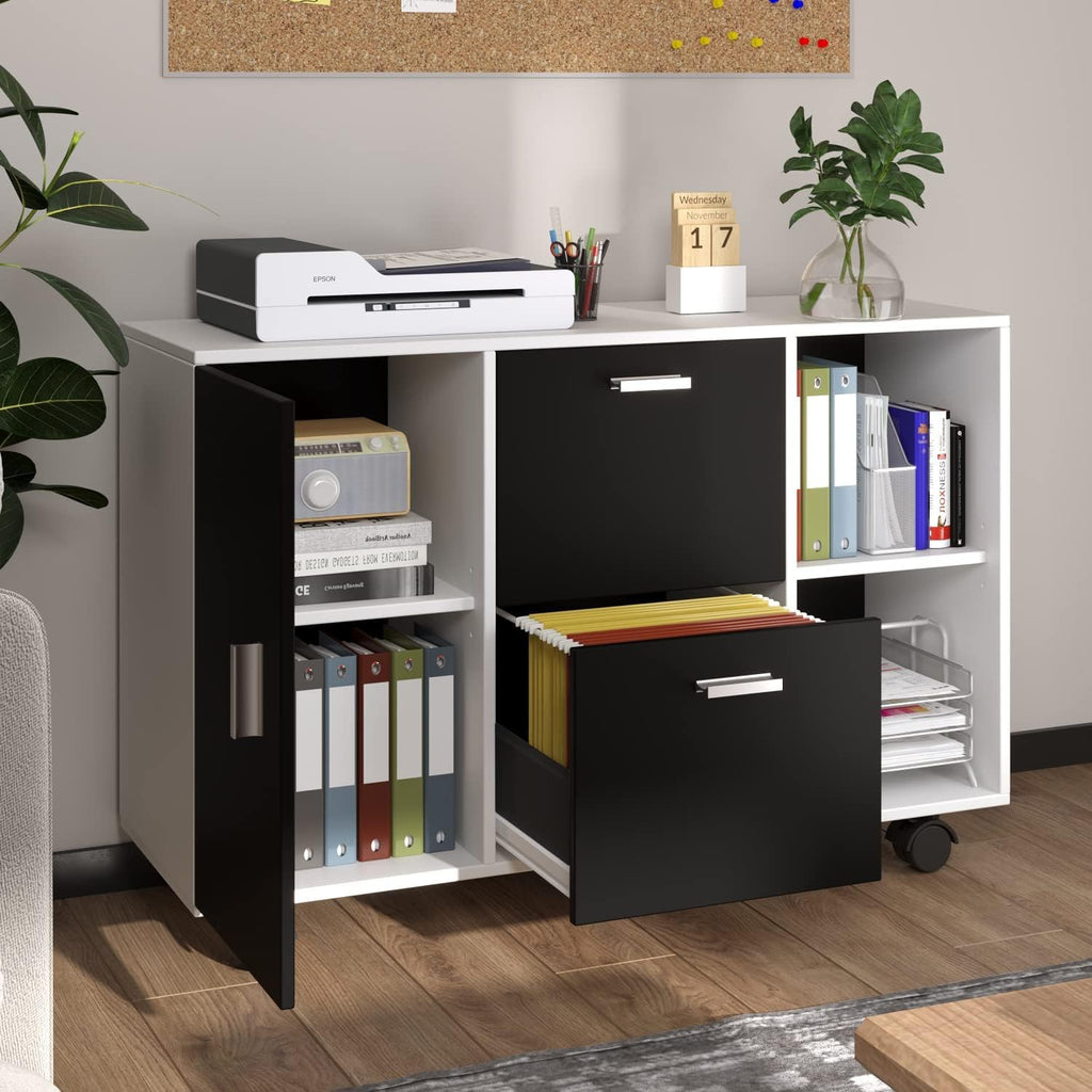 White Black 2 Drawer Mobile File Cabinet with Adjustable Shelf N7662