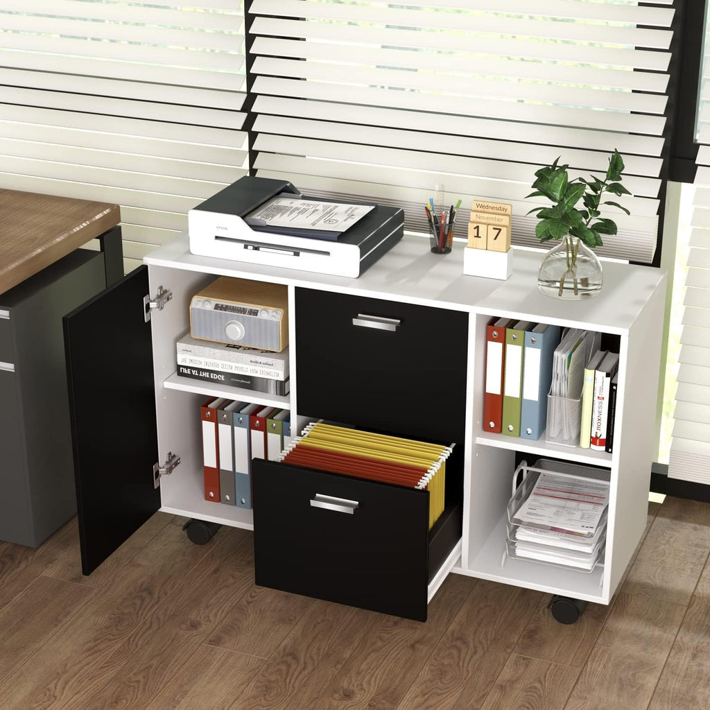 White Black 2 Drawer Mobile File Cabinet with Adjustable Shelf N7662
